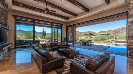 Desert modern living room with industrial steel accents, rustic wooden beams, and earth-toned decor