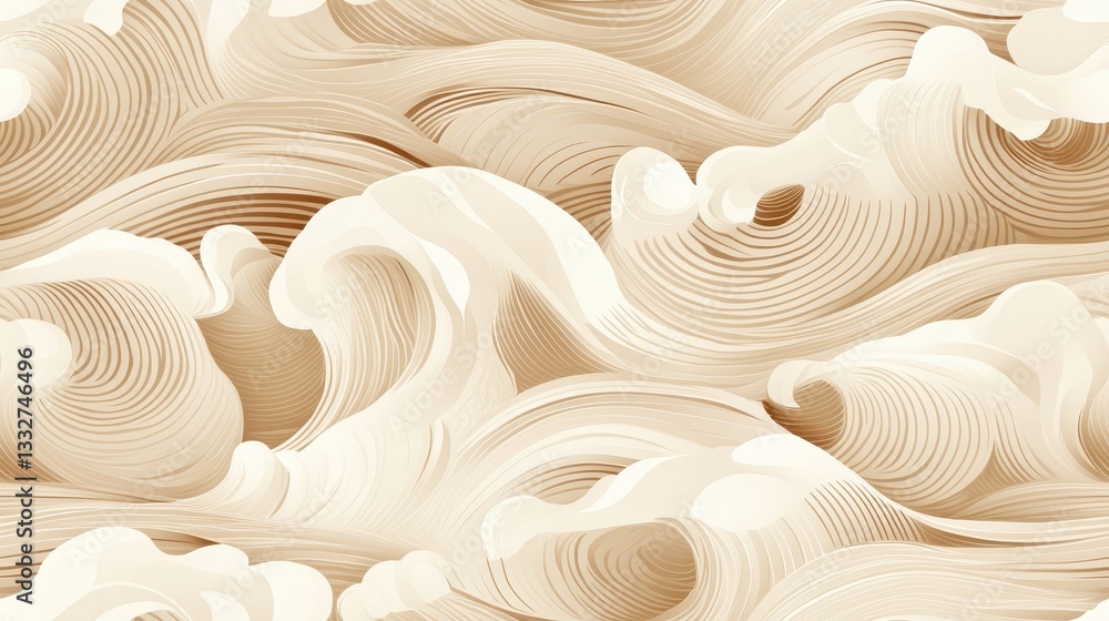 Poster elegant seamless interlocking thai wave pattern in soft cream and beige tones for background and tex