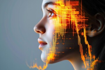 A woman's face overlaid with glowing digital data streams, symbolizing technology's integration with humanity.