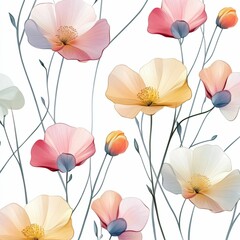 Delicate Floral Pattern with Soft Pink and Yellow Blooms on White