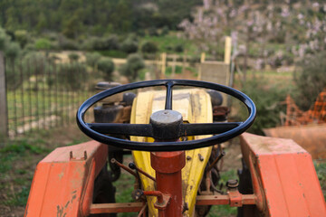 rear view of agricultural tractor steering wheel