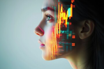 A woman's face is overlaid with vibrant digital data streams, symbolizing the convergence of humanity and technology.