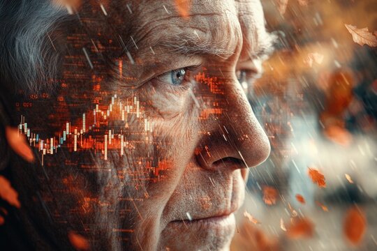 Close-up of an elderly man's face overlaid with stock market data, autumn leaves falling in the background.