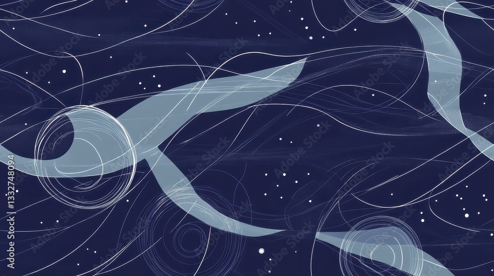 Fototapete seamless pattern of planetary orbits and curves set against celestial background with stars and abst