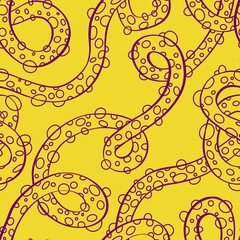 Abstract Seamless Pattern with Wavy Lines and Bubble Circles for Background Design, purple and yellow 