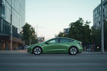 eco-taxi idles at street corner its sleek green exterior shining under soft urban lights embodying efficient sustainability