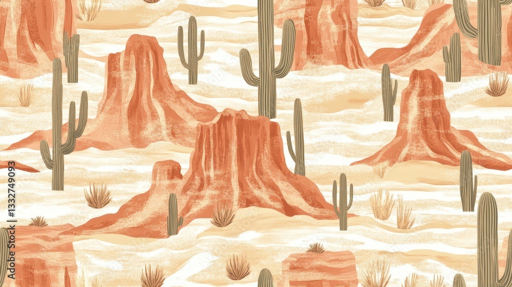 Poster seamless desert cacti pattern with repeating elements highlighting vibrant landscapes and unique flo