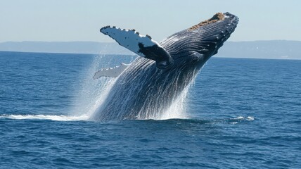 Fototapeta premium Humpback Whale Breaching in a Sunny Ocean
