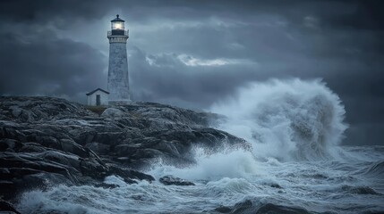 Lighthouse withstanding a furious storm's assault, a beacon of hope amidst the raging ocean.