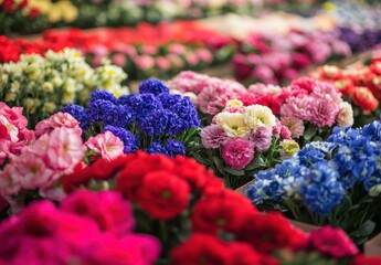 Vibrant Array of Colorful Flowers Displayed in a Market Setting Capturing the Essence of Nature's Beauty and Seasonal Blooms