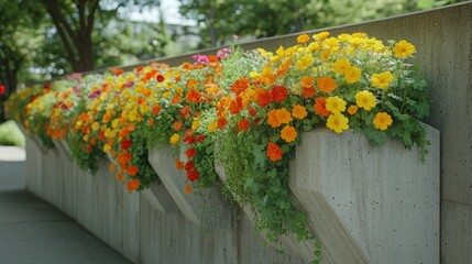 Vibrant flower planters lining a concrete wall