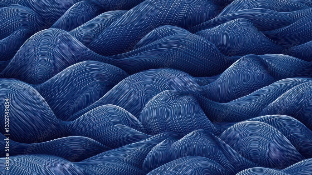 Poster seamless pattern of seigaiha waves forming diagonal lines in a deep blue tone, ideal for textiles, b