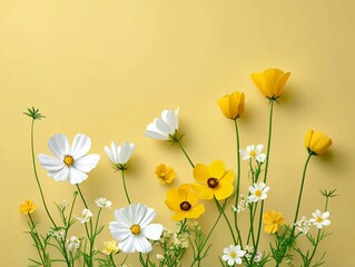 Fototapeta premium Bright Floral Arrangement of White and Yellow Flowers on Yellow Background