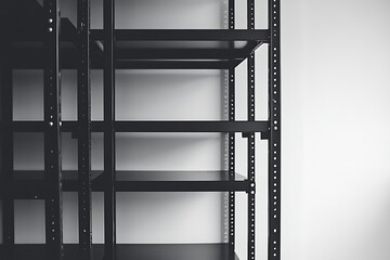Empty black metal shelves against a white wall