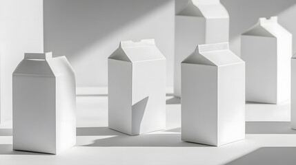 Minimalist Composition of Blank White Carton Milk Packaging Boxes in Sunlight