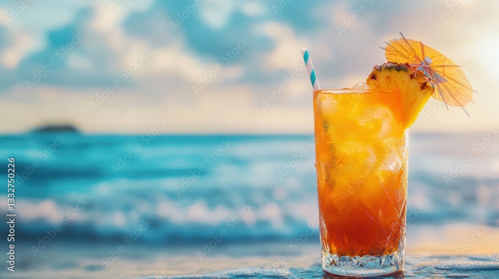 Poster vibrant exotic cocktail adorned with pineapple and a tiny umbrella on a sunlit beach during a refres