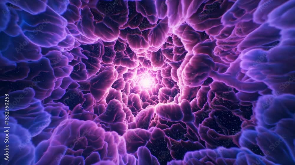 Poster zooming into cosmic energy tunnel. vibrant neural network visualization with luminescent core