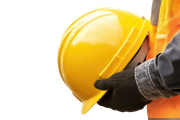 a worker holding a yellow safety helmet on a transparent background