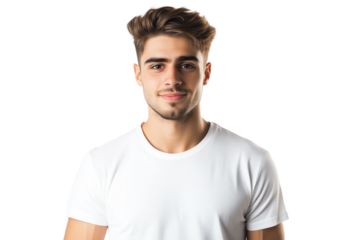 Confident young man in a white T-shirt on a white or transparent background