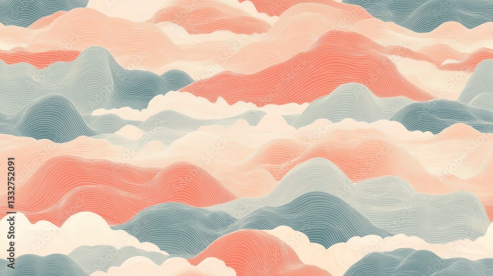 Poster stylized seamless pattern of abstract cloudscapes against a soft horizon with gentle waves in pastel
