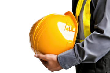 a worker holding a yellow safety helmet on a transparent background