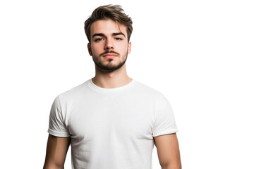 Fototapeta premium Confident young man in a white T-shirt on a white or transparent background
