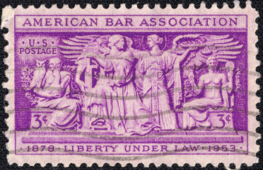 U.S. postage stamp issued in 1953 honoring the American Bar Association. Features allegorical figures symbolizing law, justice, and liberty. Commemorates its 75th anniversary (1878-1953).
