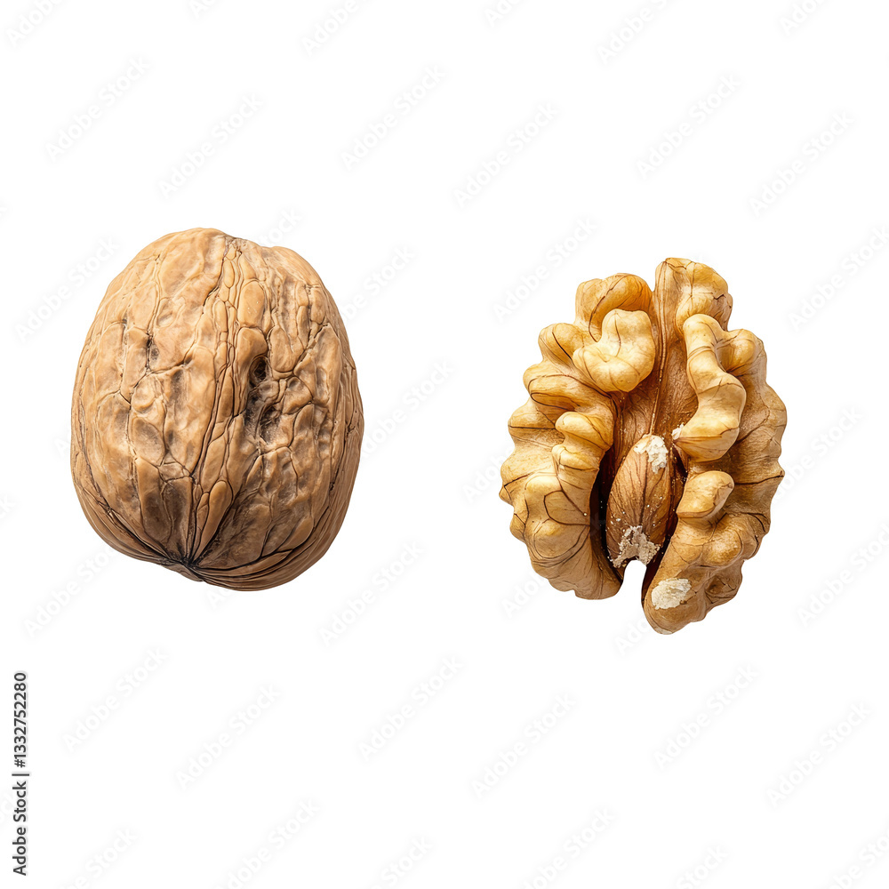 Poster whole and cracked walnut on a clean transparent background highlighting its texture and color, walnu