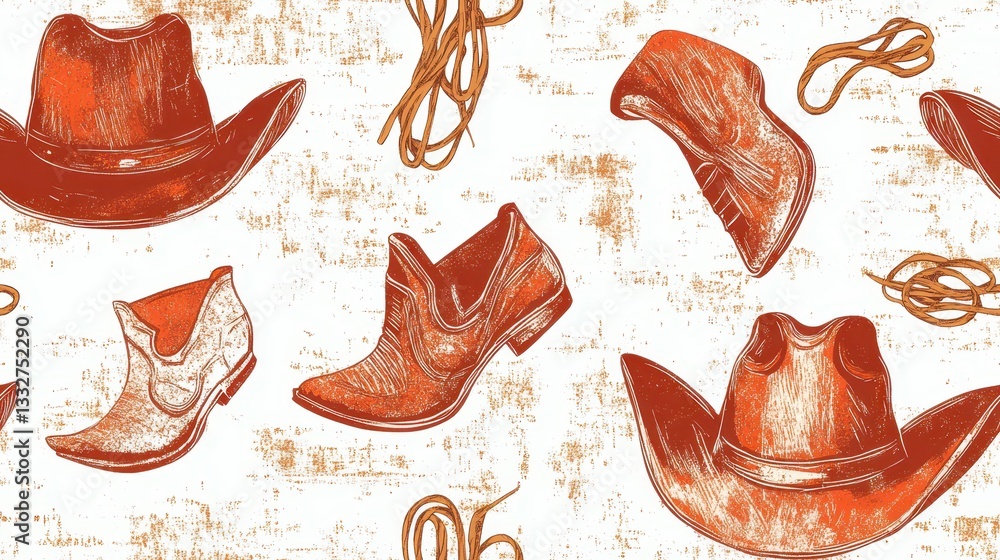 Poster seamless pattern featuring stylized depictions of cowboy hats and boots with rope elements suitable 
