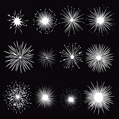 Naklejka premium Twelve unique starburst designs on black background in varying styles and patterns