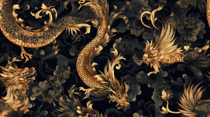 Intricate Seamless Thai-Inspired Pattern Featuring Golden Dragons and Mystical Creatures Against a Dark Background for Decorative Use