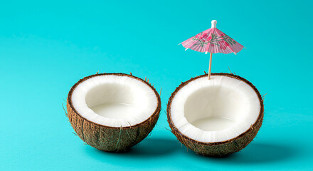 A halved coconut with a charming miniature umbrella, capturing the essence of relaxation and exotic refreshment, set against a vivid blue backdrop.
