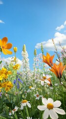 Vibrant Wildflowers Under Blue Sky on Sunny Day in Natural Landscape