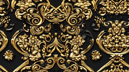 Intricate Thai Inspired Seamless Pattern with Floral Motifs and Ornate Design Elements in Gold on a Dark Background