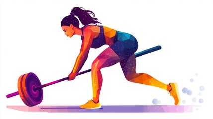 Fototapeta premium Athletic woman in sportswear getting ready to lift barbell with colorful geometric style