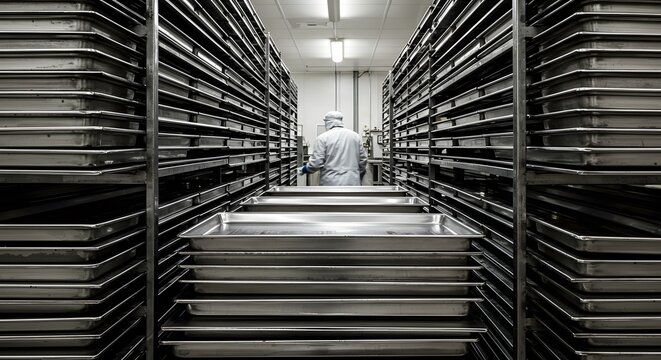 Industrial food processing plant worker walking through stainless steel trays rows grey metal racks