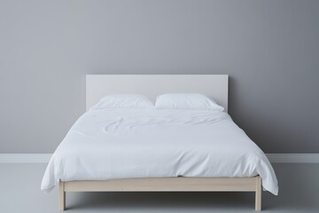 A minimalist bedroom with a wooden bed and white bedding