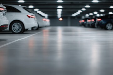 underground parking scene featuring neatly arranged cars in well-lit spacious garage with clear pathways and directional