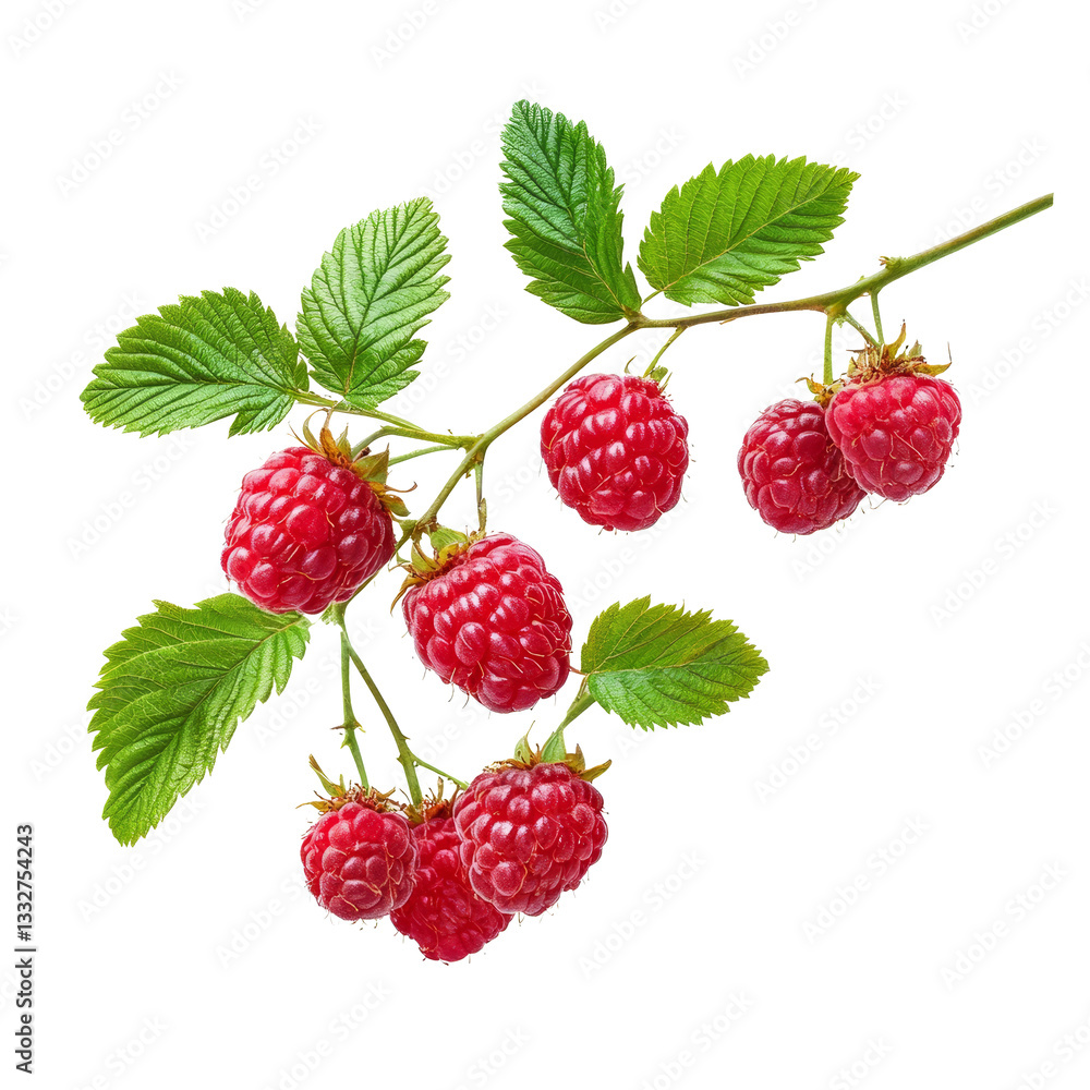 Poster fresh raspberry branch with ripe berries and green leaves isolated on a bright transparent backgroun