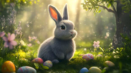 Adorable grey bunny surrounded by colorful Easter eggs in a sun-dappled forest. A magical springtime scene perfect for Easter cards and celebrations.