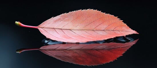 Serene Reflection: A Single Autumn Leaf Floating on Still Water