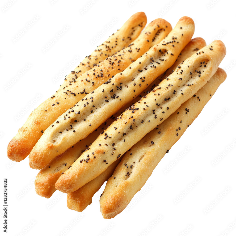 Poster breadsticks arranged neatly on a transparent background showcasing their crispy texture and flavor, 