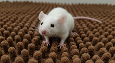 Adorable White Mouse on Brown Mat - Close-up of a cute white mouse sitting on a brown textured mat. Perfect for pet, animal, or rodent related content