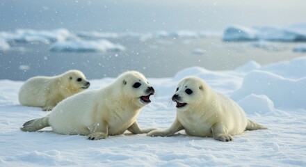 Adorable Seal Pups in Snowy Landscape - Two fluffy white seal pups play in the snow near ice floes. A third pup is visible in the background
