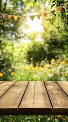 Sunlit Outdoor Scene with Wooden Table and Colorful Bunting Decoration