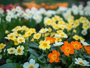 Obraz premium Vibrant Blossom Garden with Colorful Flowers in Full Bloom Showcasing Varieties of Yellow, Orange, and White Plants Amidst a Lush Green Background