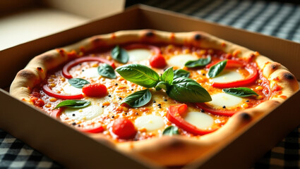 Freshly Baked Pizza Margherita with Basil and Tomatoes