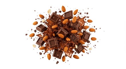 Almond and Chocolate Explosion on White - Delicious chocolate squares and almonds burst in a rich, creamy chocolate splash. Symbolizing indulgence, energy, sweetness, delight, and luxury