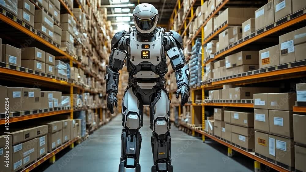 Aufkleber robotic worker navigating a large warehouse filled with storage boxes during daylight hours
