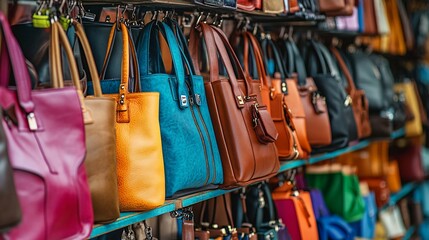 Several colorful tote handbags displayed on racks in a store setting